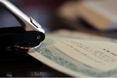 Photo of an official seal embossing corner of certificate -- Donnelly Minter & Kelly, LLC